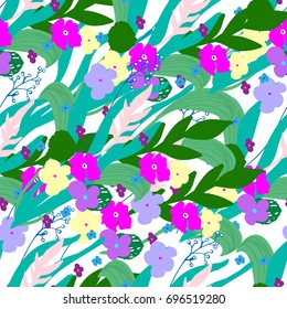 Cute seamless floral pattern with bright colorful flowers and leaves on white background. Bright floral print for textile, wallpaper, home decor, gift, wrapping, scrapbook