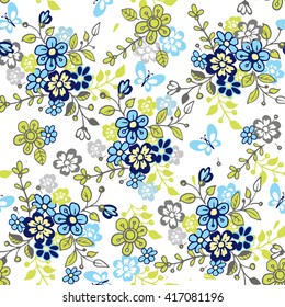 Cute seamless floral pattern with butterflies. Colorful spring  background for fabric, textile, wrapping paper.