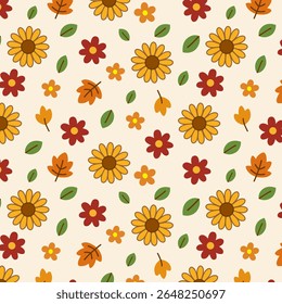 Cute seamless floral pattern with chrysanthemum, cosmos, fall leaves and berries. Perfect for seasonal textile, wrapping paper and background. 