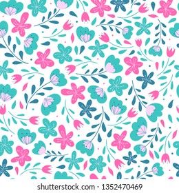 Cute seamless floral pattern created from abstract flowers and leaves. Perfect for wrapping paper, wallpaper, textile prints, stationery, festive backgrounds for mother's day, easter, etc. EPS 10