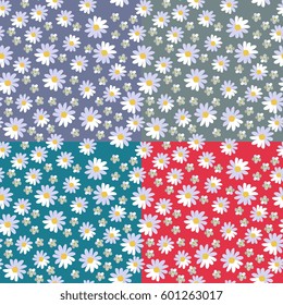 Cute seamless floral pattern with daisies and yarrow flowers on different bright backgrounds. Vector illustration. Print for fabric, paper, wallpaper, wrapping design.