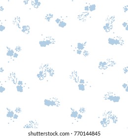 Cute seamless floral pattern. Delicate flowery background for fabric, wrapping, wallpaper. Blue on white.