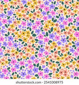 Cute seamless floral pattern. Ditsy style background of small flowers. Small blooming flowers scattered over a white background. Stock vector for printing on surfaces and web design.