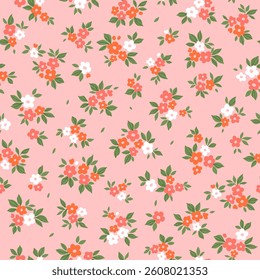 Cute seamless floral pattern. Ditsy style background of small white and orange flowers. Small blooming daisy flowers scattered over a light pink background. Stock Easter spring vector pattern.