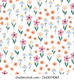 Patrón floral impecable. Impresión infinita hecha de diferentes flores pequeñas sobre un fondo blanco. Motivos de verano y primavera. Ilustración vectorial.