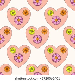 Lindo patrón floral sin fisuras con flores de colores, corazones y Pequeños Elementos decorativos sobre un fondo pastel suave. Perfecto para el diseño de los niños, impresiones de la tela, materia textil, Fondo de pantalla, papel de embalaje, decoración del vivero, y proyectos gráficos lúdicos. Patrón repetitivo adecuado para uso comercial y personal.