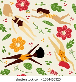 Cute seamless floral pattern with floating girls of different nationalities. Background for fabric, wrapping, wallpaper, paper. Seamless vector texture.