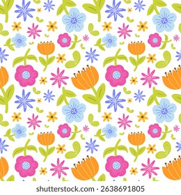 Cute seamless floral pattern with hand drawn colorful flowers. Perfect for fabric, wrapping paper, wallpaper, kids projects, and spring or summer themed designs.