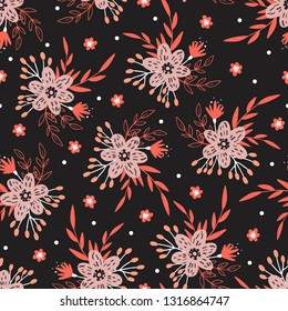 Cute Seamless Floral Pattern isolated on black background. Design element for fabric, textile, wallpaper, scrapbooking or others. Vector illustration.