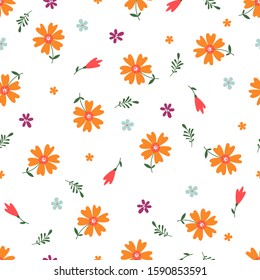 Cute Seamless Floral Pattern isolated on white background. Design element for textile, fabric, wrapping paper and wallpaper. Vector background.