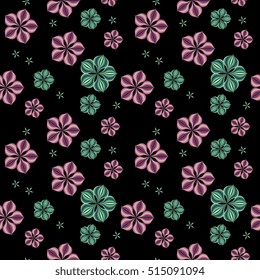 Cute seamless floral pattern on black background. Vector illustration.