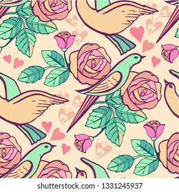 Cute seamless floral pattern with roses and pastel birds. Floral wallpaper Ornate ornament with birds. Decorative ornament for fabric, textile, wrapping paper.