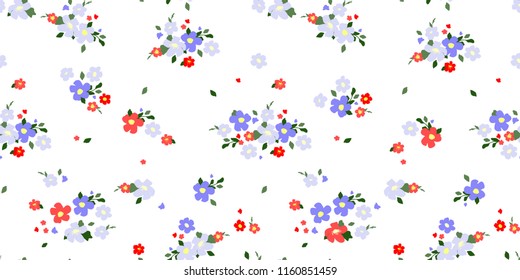 Cute seamless floral pattern. Simple flowers background for fabric, wrapping, wallpaper, paper. Blue and red.