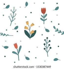 Cute seamless floral pattern. Simple flowers background for fabric, wrapping, wallpaper, paper. Baby print.Flat simple vector illustration. tulip and bell.