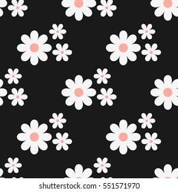  Cute seamless floral pattern. Simple daisy on black background.