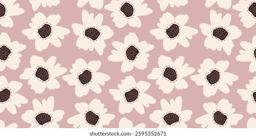 Cute seamless floral pattern with stylized daisies in pastel pink. Girly summer print in Scandinavian style
