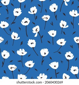 Cute seamless floral pattern. Trendy hand drawn digital illustration of white flower with stem and leaves repeating on blue background. Wrapping paper, fabric, surface design