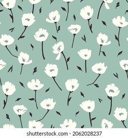 Cute seamless floral pattern. Trendy hand drawn digital illustration of mango orange flower with stem and leaves repeating on white background. Wrapping paper, fabric, surface design