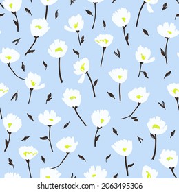 Cute seamless floral pattern. Trendy hand drawn digital illustration of white flower with stem and leaves repeating on blue background. Wrapping paper, fabric, surface design