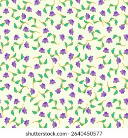 A cute seamless floral pattern with violet flowers and green leaves on bright yellow background. Vector illustration.
