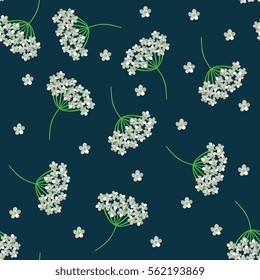 Cute seamless floral pattern with yarrow - flowers on dark - blue background. Vector illustration. Print for fabric, paper, wallpaper, wrapping design.