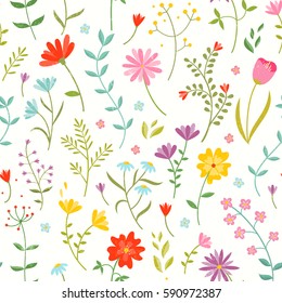 Cute seamless floral print with spring flowers. Beautiful fabric pattern. EPS10 vector illustration