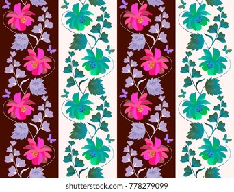Cute seamless floral print for tapestry or wallpaper with vertical garlands of cosmos and bell flowers and small butterflies on striped background in vector.