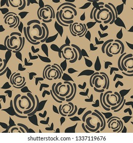 Cute seamless floral roses pattern. Small dark flowers beige background. Vector illustration for fabric, textile or prints.