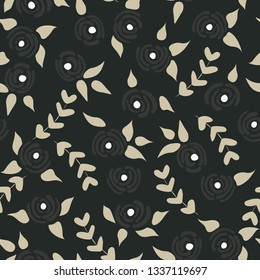 Cute seamless floral roses pattern. Small grey flowers black background. Vector illustration for fabric, textile or prints.