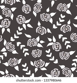 Cute seamless floral roses pattern. Small white flowers black background. Vector illustration for fabric, textile or prints.