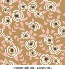 Cute seamless floral roses pattern. Small white flowers beige background. Vector illustration for fabric, textile or prints.