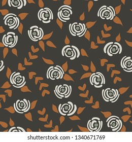 Cute seamless floral roses pattern. Small white flowers black background. Vector illustration for fabric, textile or prints.