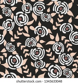 Cute seamless floral roses pattern. Small white flowers black background. Vector illustration for fabric, textile or prints