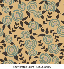 Cute seamless floral roses pattern. Small blue flowers beige background. Vector illustration for fabric, textile or prints.