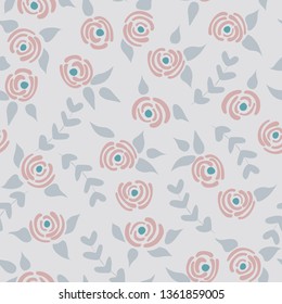 Cute seamless floral roses pattern. Small pastel flowers blue background. Vector illustration for fabric, textile or prints