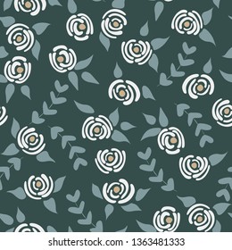 Cute seamless floral roses pattern. Small pastel flowers blue background. Vector illustration for fabric, textile or prints