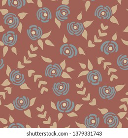 Cute seamless floral roses pattern. Small pastel flowers brown background. Vector illustration for fabric, textile or prints.