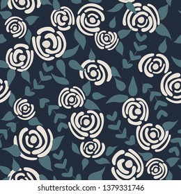 Cute seamless floral roses pattern. Small white flowers blue background. Vector illustration for fabric, textile or prints.