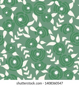 Cute seamless floral roses pattern. Small pastel flowers green background. Vector illustration for fabric, textile or prints