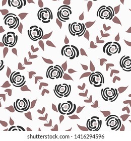 Cute seamless floral roses pattern. Small dark flowers white background. Vector illustration for fabric, textile or prints.