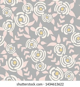 Cute seamless floral roses pattern. Small pastel flowers grey background. Vector illustration for fabric, textile or prints