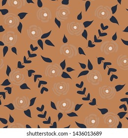 Cute seamless floral roses pattern. Small pastel flowers brown background. Vector illustration for fabric, textile or prints.