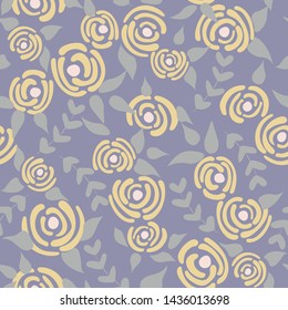 Cute seamless floral roses pattern. Small yellow flowers blue background. Vector illustration for fabric, textile or prints