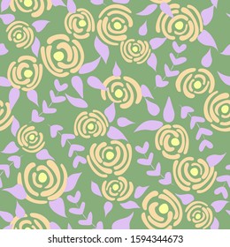 Cute seamless floral roses pattern. Small flowers texture. Summer pastel green seamless vector texture. Elegant folk template. Liberty design. Nature graphic illustration in doodle style.