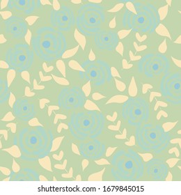Cute seamless floral roses pattern. Small flowers texture. Vintage pastel green seamless vector texture. Elegant folk template. Liberty design. Nature graphic illustration in doodle style.