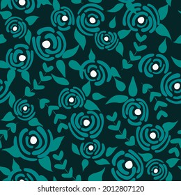 Nahtlose, blumengeschmückte Rosenmuster. Kleine Blumenstruktur. Sommertürkisfarbene, nahtlose Vektorstruktur. Elegante Volksvorlage. Freiheitsdesign. Naturgrafische Illustration im Doodle-Stil.