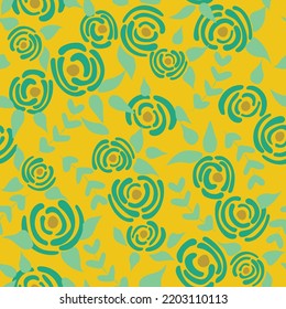 Cute seamless floral roses pattern. Small flowers texture. Botanical yellow seamless vector texture. Elegant folk template. Liberty design. Nature graphic illustration in doodle style.
