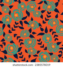 Cute seamless floral roses pattern. Small flowers texture. Spring orange seamless vector texture. Elegant folk template. Liberty design. Nature graphic illustration in doodle style.