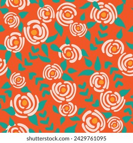Cute seamless floral roses pattern. Small flowers texture. Fashion orange seamless vector texture. Elegant folk template. Liberty design. Nature graphic illustration in doodle style.