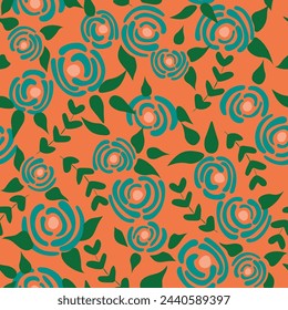 Cute seamless floral roses pattern. Small flowers texture. Cartoon orange seamless vector texture. Elegant folk template. Liberty design. Nature graphic illustration in doodle style.